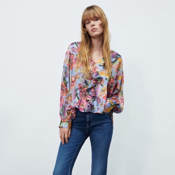 Zara Tops Zara Blue Floral Print Ruffle Blouse Poshmark
